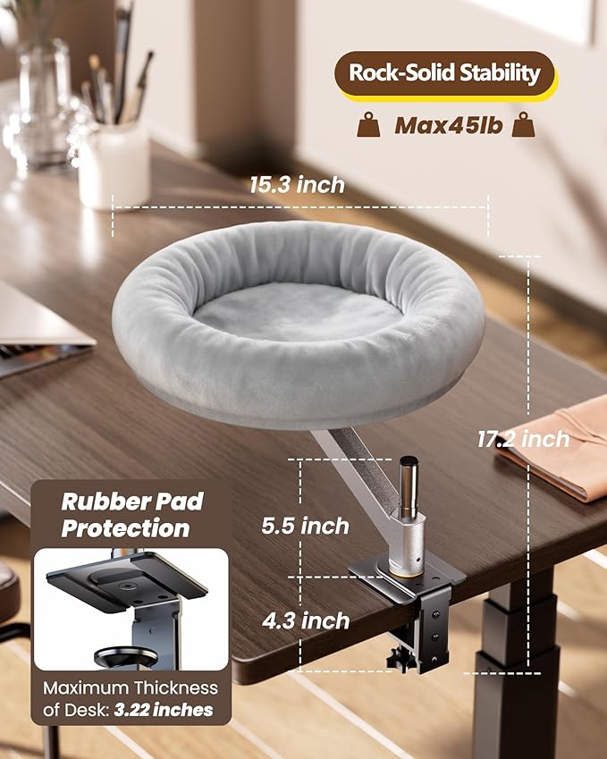 tomxcute Cat Desk Bed - Integrated Die-Cast Arm for Stability - 360° Rotation & Height Adjustable - 45 lbs Support - Cat Desk Perch for S/M/L Cat - Removable Washable Office Cat Bed with Wooden Base