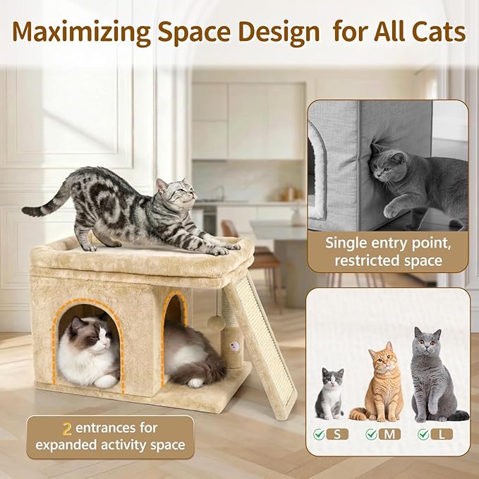 Cat Tree Tower Bed with Scratching Post for Indoor, Heavy Duty Small Stand House Condo for Large Cats & Kittens, Platform Perch Hideout Climb Rest Area, Modern Sturdy Furniture, Beige