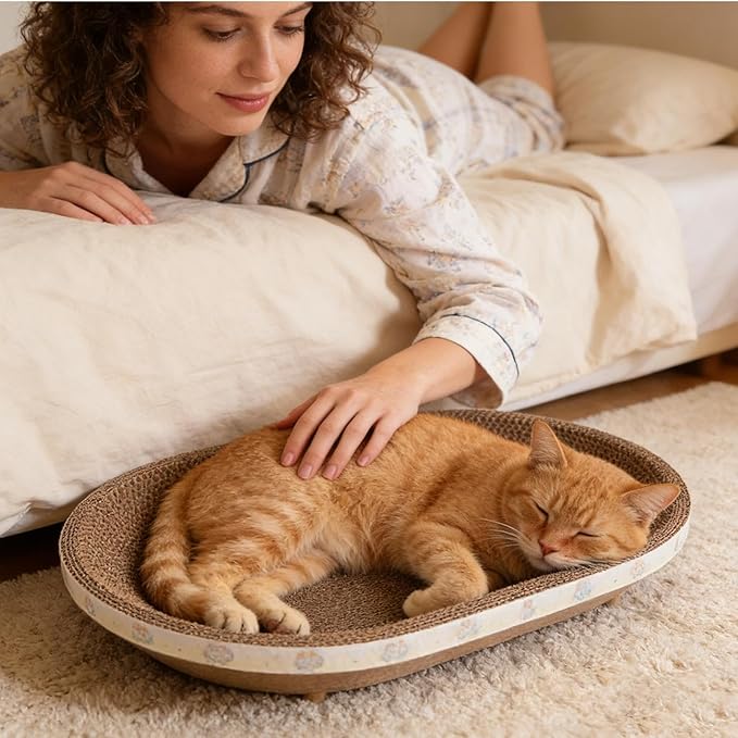 Cardboard Cat Scratcher Bed, Oval Cats Scratch Pad Bowl Nest for Indoor Cats, Cat Scratching Board Corrugated Lounge, Furniture Protector for Couch