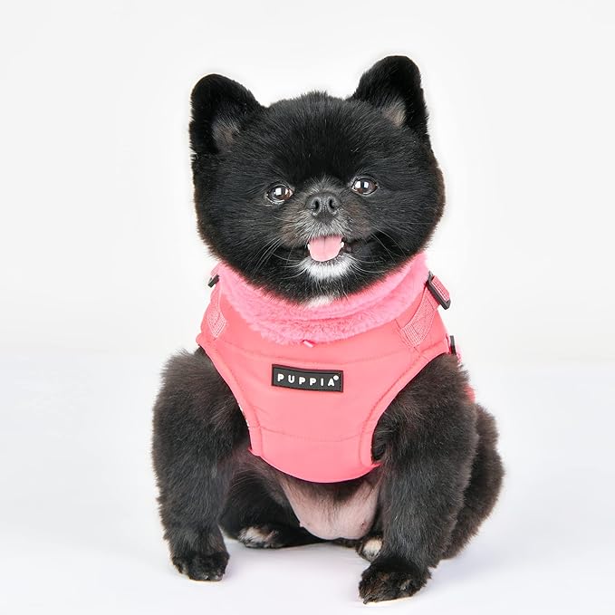 Puppia Donavan Winter Dog Coat with Integrated Harness No Pull Cold Weather Waterproof Warm Fleece Back Zipper for Small & Medium Dog, Pink, Small