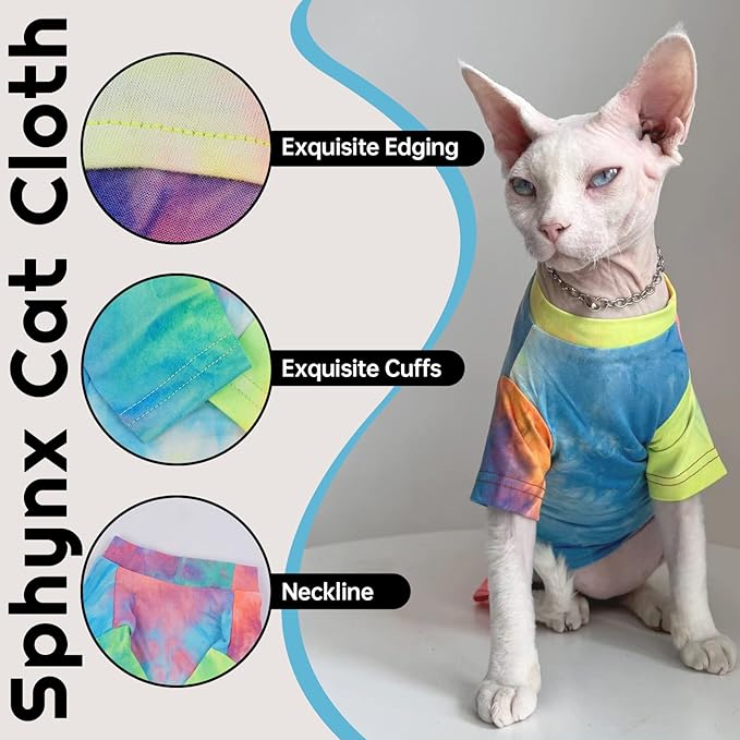 QBLEEV Sphynx Cat Clothes, Hairless Cats Rainbow Rendering T-Shirt for Spring Summer Autumn, Breathable Cat Wear Clothes Vest Shirts for Sphynx, Cornish Rex, Devon Rex, Peterbald