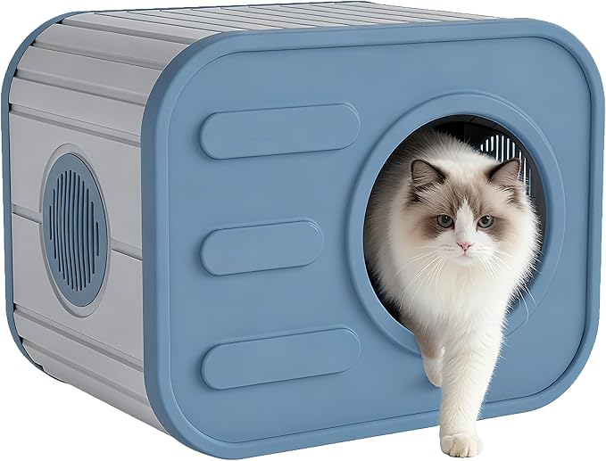 LHBcraft Outdoor Cat House Weatherproof, Feral Cat Houses for Outdoor Indoor Cats, Insulated Resin Shelter with Camera-Shaped Design, Easy to Assemble Blue