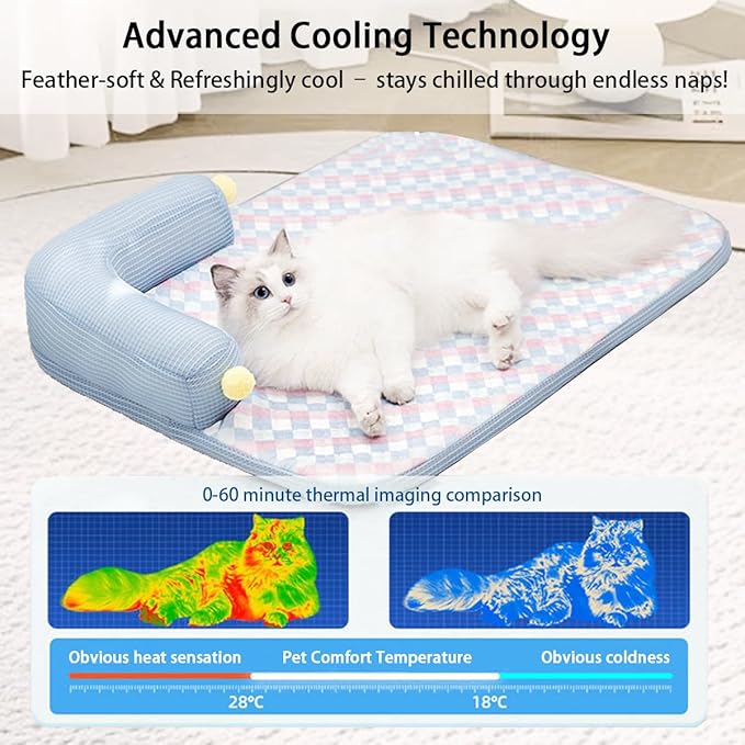 All-Season Ice Fabric Cat Bed with Cushioned Pillow/Play Ball/Washable Mat for Cats, Kittens & Small Pets (Blue, 21"x15"x4")