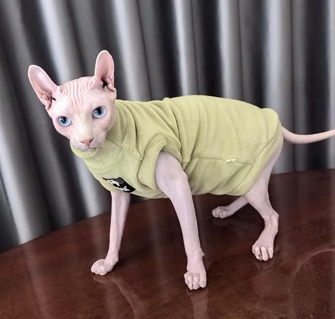 Sphynx Cat Clothes Hairless Cat Warm Fleece Vest Elastic Winter Sweater Outfit, Pet Clothes for Sphynx Cat Coat for Cats and Small Dogs Apparel, Hairless cat Shirts Sweaters (Avocado Green, Medium)