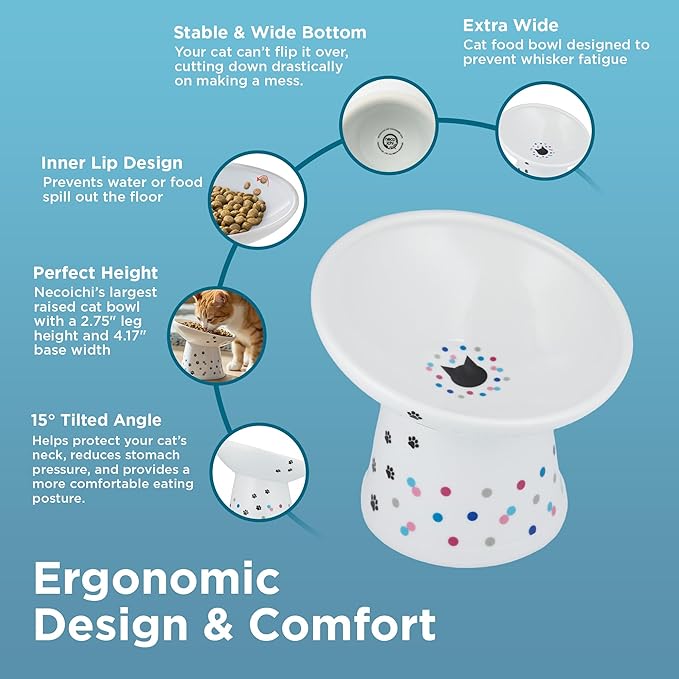 Necoichi Raised Cat Food Bowl – Ceramic Elevated 15° Tilted Cat Bowl for Whisker Fatigue Dishwasher Microwave Safe, Non-Slip Anti Vomiting Design (Colorful Dots, Extra Wide Tilted, 1.5-Cup Capacity)