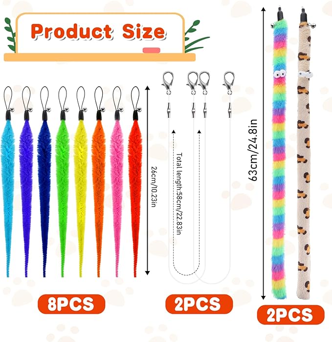 Cat Worm Toy, 12 PCS Cat Wand Toy Accessories Including Worm & Snake Refills Set, 2PCS Replacement String for Cats Fishing Pole Toys, Assorted Feather Toys Attachments Teaser for Indoor Cats Kitten