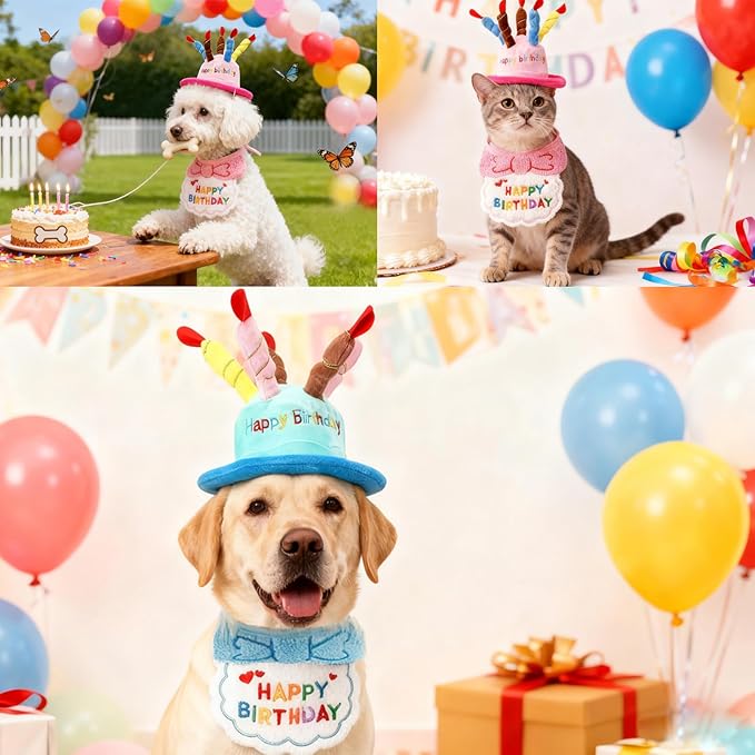 Dog Birthday Cake Hat & Bandana Scarfs Set Pink, Cute Dog Happy Birthday Hat Pet Cap Headwear Hat with 5 Colorful Candles, Cat Birthday Party Supplies Decorations (Pink)
