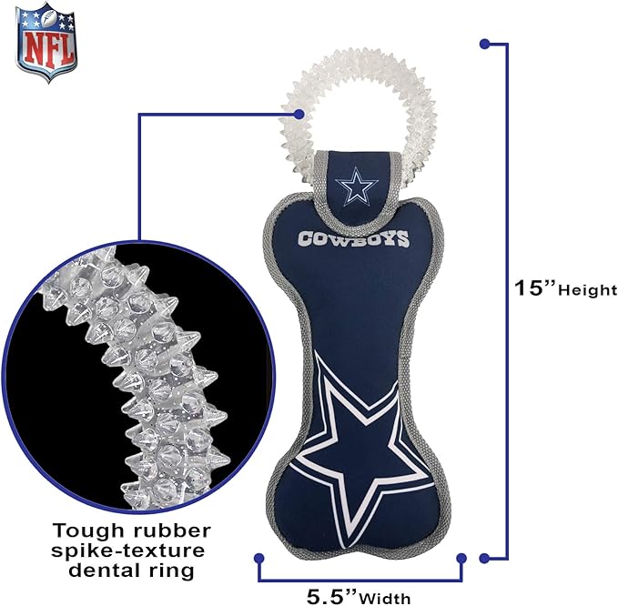 Pets First NFL Dallas Cowboys Dental Dog TUG Toy with Squeaker. Tough PET Toy for Healthy Fun, Teething & Cleaning Pet's Teeth & Gum., one Size, DAL-3310