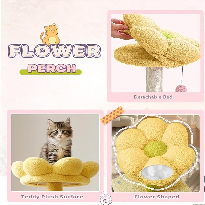 Flower Cat Tree 56 Inches，Large Cat Tower with Detachable Flower Cushions and Hiding Condo, Yellow Cat Tree with Hammock Bed, Interactive Toys and Scratching Posts for Indoor Cats