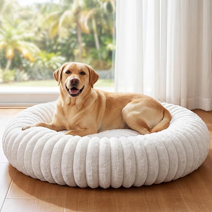 Self Warming Pet Bed, Donut Dog Bed for Large Dogs - Pet Bed with Removable Cover, Self-Heating Winter Pet Beds for Medium & Big Dogs, Egg Tart Design (L)