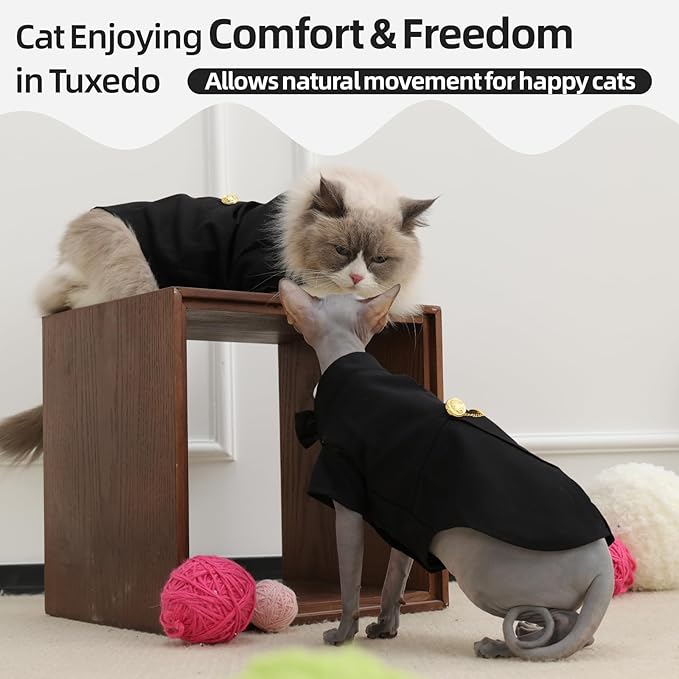 QBLEEV Cat Tuxedo Outfit, Formal Cat Suit Costume with Bow Tie, Sphynx Hairless Clothes for Cats Only, Kitten Wedding Birthday Party Attire Apparel for Male Boy, Cute Small Pet Gentleman Formal Wear