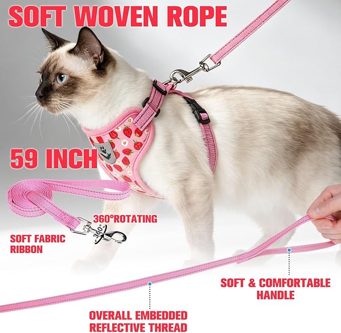 EXPAWLORER Escape Proof Cat Harness and Leash Set - Soft Breathable Vest Harness with Adjustable for Kitten Puppy Outdoor Walking Travel, Reflective Harnesses for Small Medium Large Cats, Strawberry S