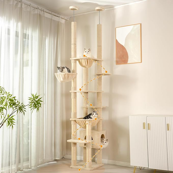 Floor to Ceiling Cat Tree Corner Cat Tower with Adjustable Height 88.9-109 inches (226-279cm) with Large Hammocks,Condo,Multi Platforms and Scratching Post for Indoor Cats-Beige Dual Posts