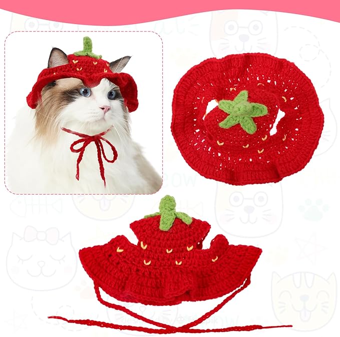 Piriuuo Strawberry Cat Hat, Cotton & Soft Cute Knitted Hats for Cats Birthday Party Christmas Puppy Hat for Small Pets (Red, M)