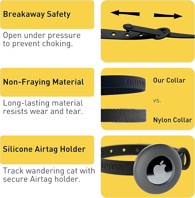 Airtag Silicone Cat Collar - Soft, Comfortable, and Lightweight Breakaway Collar with Air Tag GPS Tracker Holder for Outdoor Cats and Sensitive Skin Kittens by Nuvuq (6 ⅞" to 10 ¼", Black)