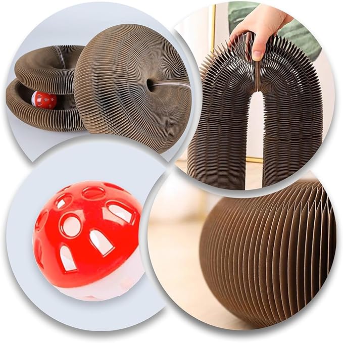 Kitty Curls Cat Toy (Large) Twisty Paws Kurlz | Magnetic Magic Organ Cat Scratcher | Interactive Cardboard with Bell Ball & Hanging Teaser | Honeycomb Design | 1 pcs Teaser 1 pcs Scratcher