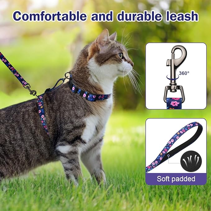 Hikiko Cat Harness and Leash Set Escape Proof Adjustable Walking Travel Cute Kitten Harness for Small Medium Large Cats (Navy Blue Floral, S)