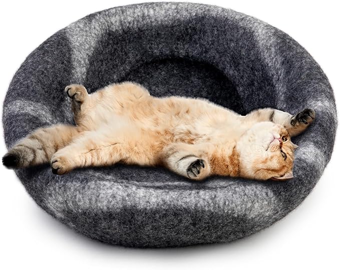 Woolygon Premium Felt Cat Cave Bed – Wool Kitty Beds Handcrafted Kitten Caves Bed for Indoor Cats - Made from Merino Wool, Foldable Cat Hideaway Covered Cat House Pod (Hide & Seek)
