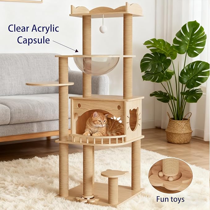 KVIDA Solid Pine Wood Cat Tree for Indoor Cats, 56.7” Tall Modern Cat Tower with Clear Acrylic Hammock & Condo House, Heavy Duty Wooden Cat Tree for Large Cats with Sisal Scratching Posts