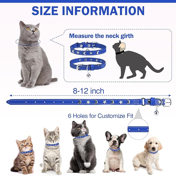 Leather Cat Collars for Boy Girl Cats with Bell and Safety Elastic Belt, Personalized Star and Moon Stud Adjustable Safe Buckle Collar for Kitty Small Big Cats Size 8-12 Inch, Blue