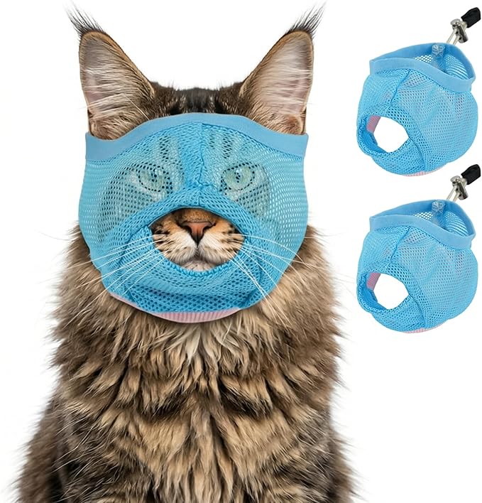 Nanaki 2-Pack Adjustable Cat Muzzle, Visualized Anti-Biting Face Cover for Grooming, Nail Trimming, Teeth Cleaning & Eye Protection - Calms Brushing, Allows Meowing（Blue,L）