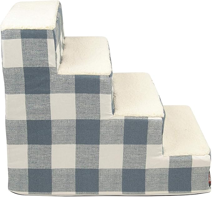 Majestic Pet 4 Step Portable Dog Stairs for Small Dogs to get on Bed Supports 250 lbs or Less – Dog Steps for High Bed with Machine Washable Cover –Pet Stairs for Cats Anderson Check Gunmetal Blue