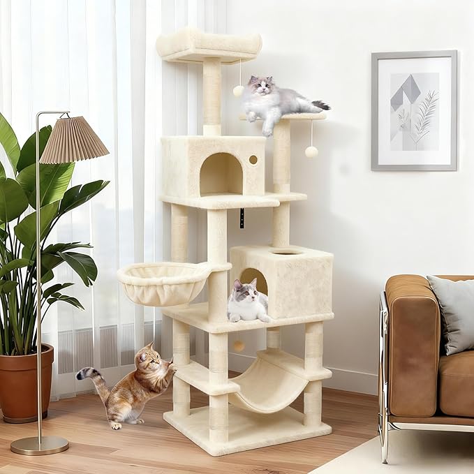 Tangkula 66 Inch Tall Cat Tree, Multi-Level Cat Tower with Sisal Scratching Posts, 2 Condos, Plush Perch, Hammock, Basket, Dangling Toys, Cat Climbing Furniture for Indoor Cats (Beige)