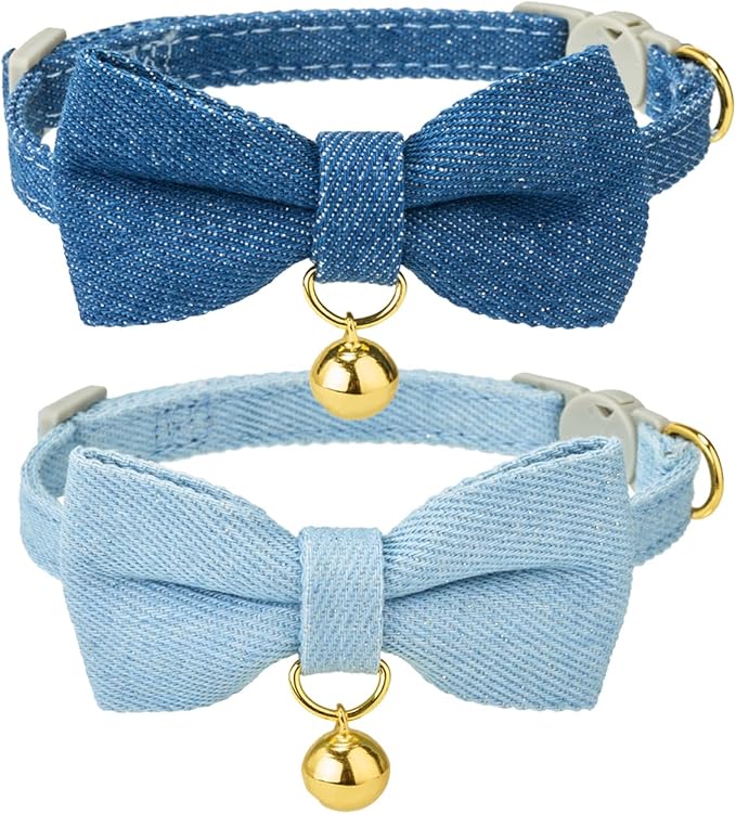 2 Pack Cat Collars with Removable Bow Tie and Bell, Adjustable Denim Kitten Collar, Breakaway Safe Pet Collar for Cats, Puppies.(Adult Cat,Denim Blue)