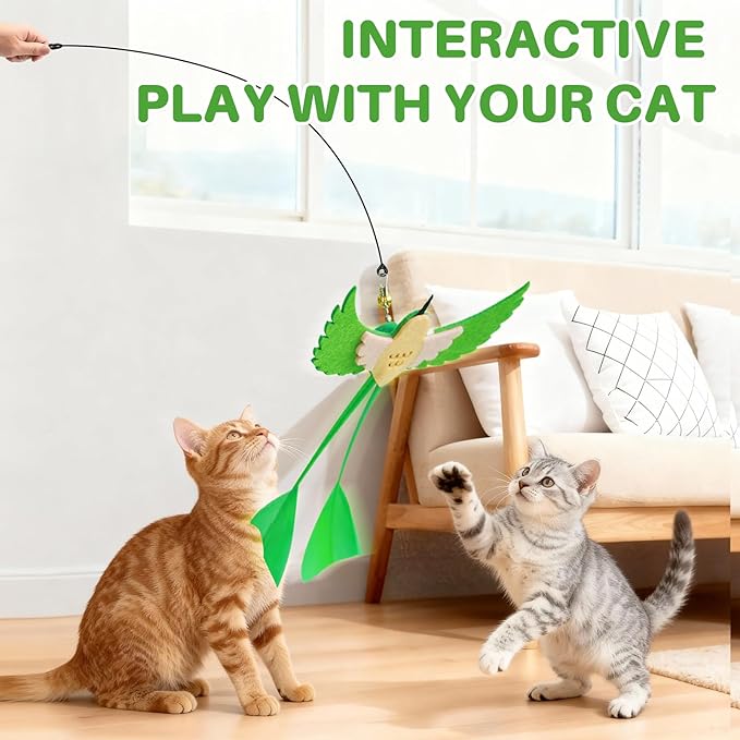 Cat Toys Interactive Teaser Wand, Long-Tailed Bird Attachment with Black Petal Suction Cup Base, Feather & Bird Toy for Solo Play, Encourages Physical Activity & Bonding Time for Cats & Kittens