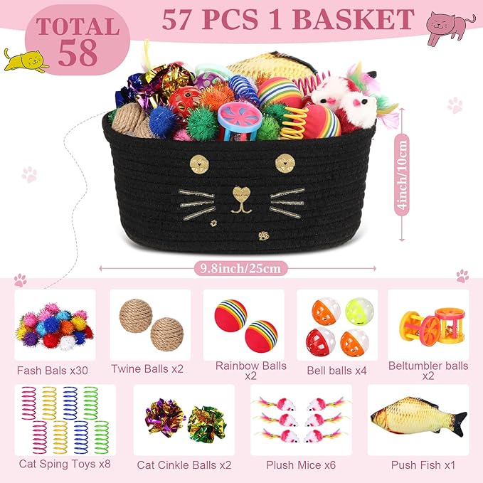 Zopeal 58 Pcs Summer Graduation Cat Storage Basket Gift Toys Set, Colorful Flashing Balls Pet Bell Crinkle Balls Spring Toys Attract Cat to Swat, Hunt, Interactive for Pet(Black,9.8 Inch)