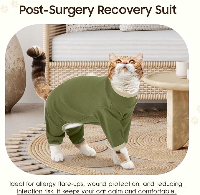 DENTRUN Cat Clothes for Hair Control with Hair Sticky Fabric - Soft Recovery Suit & Breathable Lint-Resistant Cat Sweater for Cats Only, Kitten Onesie Pajamas, M, Army Green
