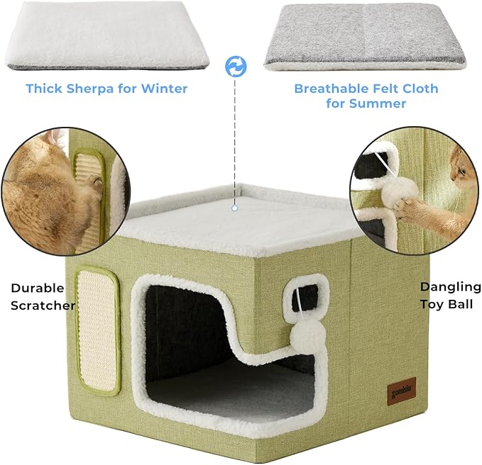 ZOMISIA Cat Beds for Indoor Cats - Large Cat House for Pet with Fluffy Ball Hanging and Scratch Pad, Foldable Cat Hideaway,16.5x16.5x13 inches, Navy