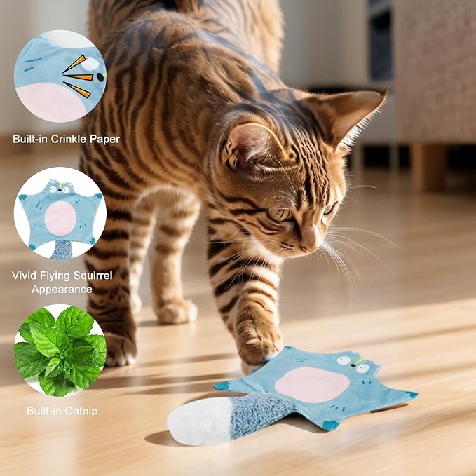 Andiker Catnip Cat Toys, Flying Squirrel Shape Plush Cat Toy with Crinkle Paper and Natural Catnip, Interactive Cat Toys for Indoor Cats and Kittens to Sniff Scratch Bite and Reduce Boredom (Pink)