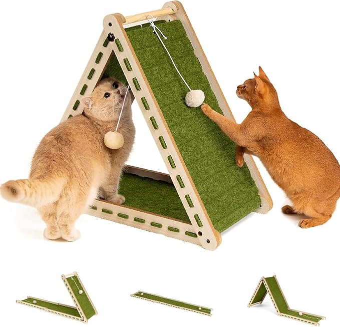 Cat Scratcher with Ball Toy Foldable Cat Scratch Pad Felt Triangle Scratchers for Indoor Cats Large Cat Scratching Board Mat Cats Scratch Furniture Protector Kitten Toys Green