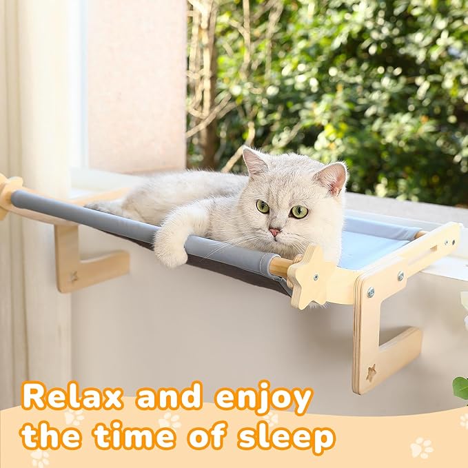 Cat Window Perch for Large Cats, Heavy Duty Hammock Bed No Drill Design, Solid Wood Frame Seat with Metal Hooks, Adjustable Windowsill or Bedside Use, Washable Cushion for Indoor Pets