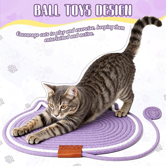 Cat Scratcher Mat Natural Cotton Rope Oval Horizontal Floor Cat Scratch Bed Pad with Ball Toy Protector for Furniture Floor Wall (Brown, 2 PC)