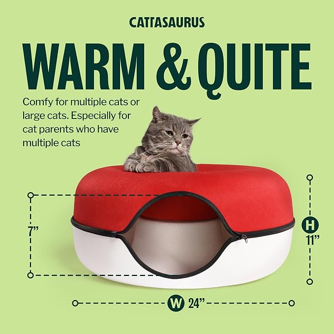 Cattasaurus Peekaboo Cat Cave Donut for Multiple & Large Cats up to 30-45 lbs, 3-in-1 Self Warming Cat Bed, Tunnel & Scratcher for Indoor Cats, Washable & Detachable Dog Bed (Ruby Snowball, Large)