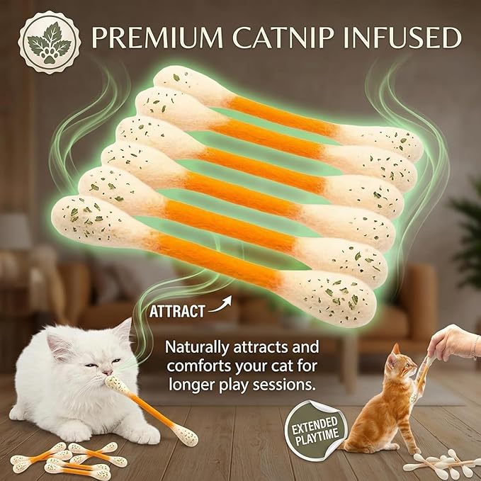 Swabs Cat Toys with Catnip - 6 Pk | Durable for Chew, Cute Cat Toys Interactive Kitty for Boredom, Exercise, & Play | Filled w/Organic Catnip for Anxiety & as Digestive Aid