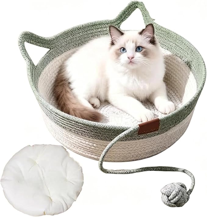 Handwoven Cotton Rope Interactive Cat Bed Basket, Foldable & Scratchable Nest with Toy Ball and Cushion, Stimulating Instinct Basket for Cats & Kittens, Silent Play Cat Basket Nest(Green,Medium)
