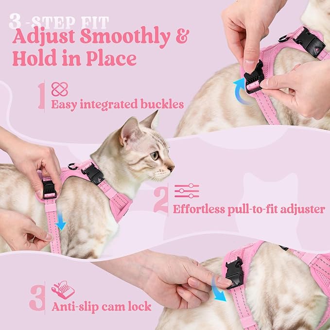 rabbitgoo Cat Harness and Leash, Escape Proof Vest with 3 Adjustable Buckles, Soft Comfortable Kitten Harness, Easy to Wear, Reflective for Safe Outdoor Walking, Small, Pink