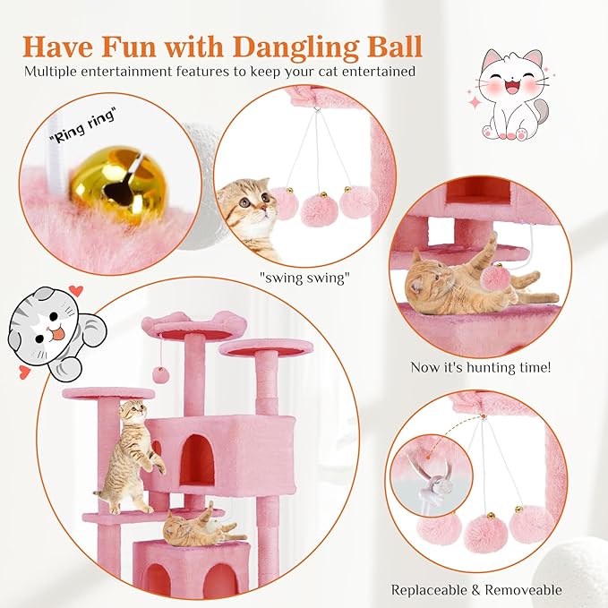 Sweetcrispy 54 Inch Cat Tree Tower, Multi-Level with Cat Scratching Post, Indoor Cat Condo with Climbing Ladder, Plush Toy, Play House for Cat, Pink