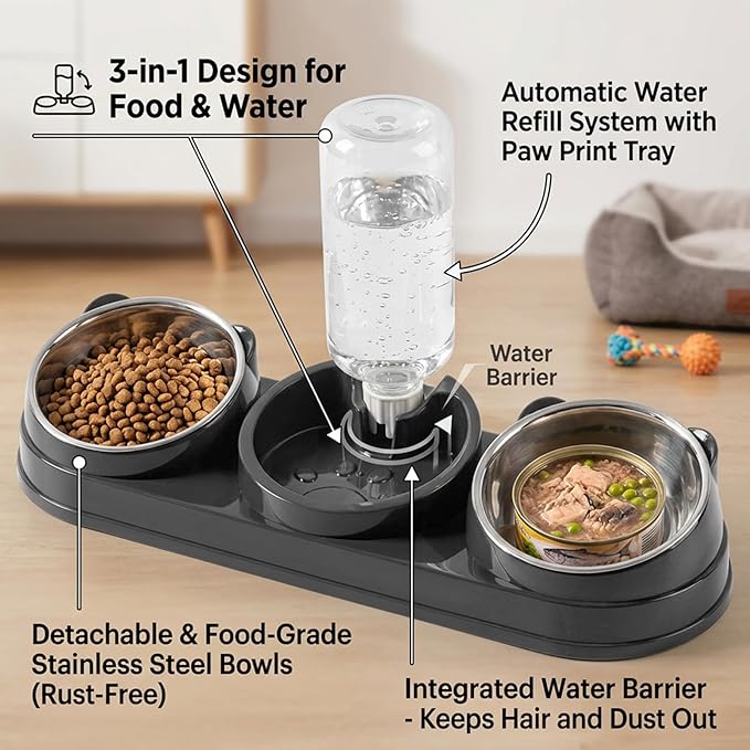 Cat Food and Water Bowl Set, 3 Bowl Cat Feeding Station with Automatic Water Dispenser, Elevated Tilted Bowls for Easy Eating, Black..