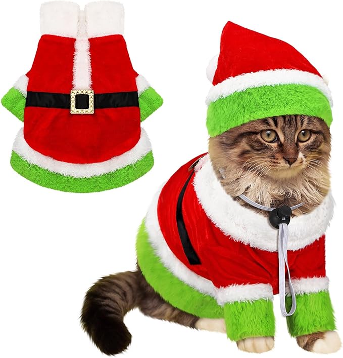 Dansydaisy Cat Christmas Costume Lime Green Character Pet Outfit Holiday Green Furry Pet Velvet Costume Cosplay Outfit Cute Funny Christmas Dogs and Cats Clothes for Party Favors(Large)