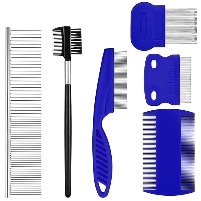 6-Pack Flea Comb for Dogs and Cats, Stainless Steel Dog Cat Grooming Combs with Rounded Tooth for Remove Fleas Lice Eggs Double-Sided Tear Stain Remover Pet Dematting Kit for All Types of Pets