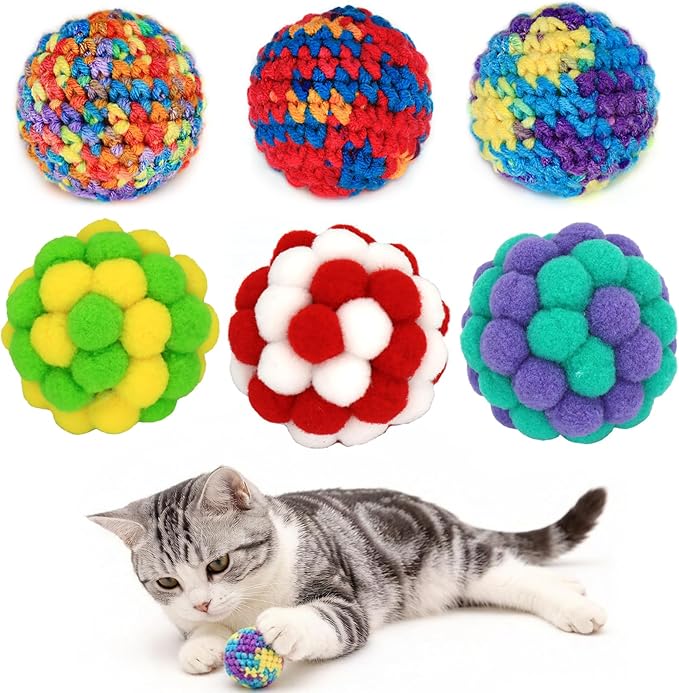 Cat Ball with Bell 3 Jingle Bell Ball & 3 Soft Pom Pom Balls Interactive Kitten Toys for Hunting Kicking, Handmade Small 1.8” & Large 2.1” for Cats Kittens 6 Pack