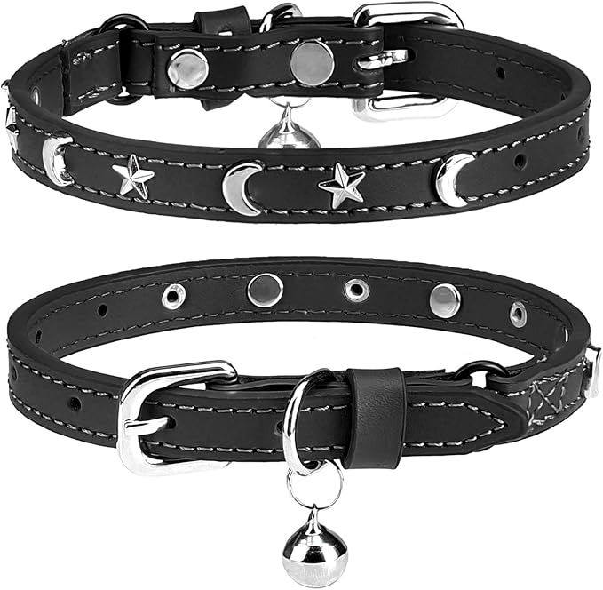 Leather Cat Collars for Boy Girl Cats with Bell and Safety Elastic Belt, Personalized Star and Moon Stud Adjustable Safe Buckle Collar for Kitty Small Big Cats Size 8-12 Inch, Black