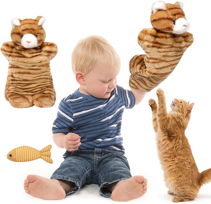 Cat Toy, Cat Wrestling Glove with Catnip Fish, Exlong and Exlarge Cat Kicker Glove, Fighting Cats Play Puppet Toy, Interactive Cat Toy, Boxing Glove Toy for Pet Kitten Small Dog Indoor(Brown)
