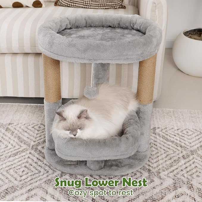 Cat Tree for Indoor Cats, Compact 2-Tier Cat Tower with Padded Donut Beds, Cozy Plush Cat Perch for Small to Medium Cats, Sisal Scratching Posts & Hanging Toy (Light Grey)