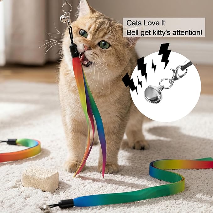 6 PCS Cat Ribbon Toy, Cat Teaser Toy Wand Replacement, Interactive Flirt Pole Replacement Worm Assorted Portable Refills CatWand Attachment Toys with Bell for Indoor Most Cats, Kittens, Small Pets