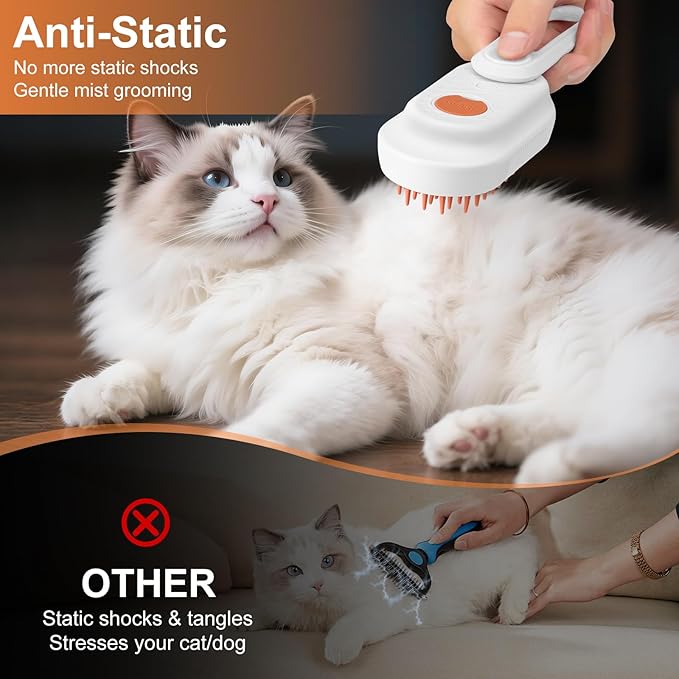 Steam Brush for Cat & Dog – 3-in-1 Spritz Pet Spray Hair Removal Comb for Grooming & Shedding Steam – Water Brush for Long & Short Haired Pets– Includes Two Bottles Waterless 2*Shampoo